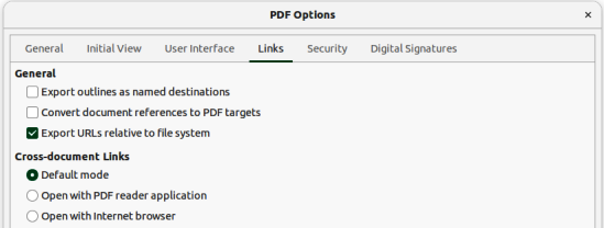 Figure 5: PDF Options dialog — Links page