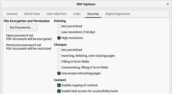 Figure 6: PDF Options dialog — Security page