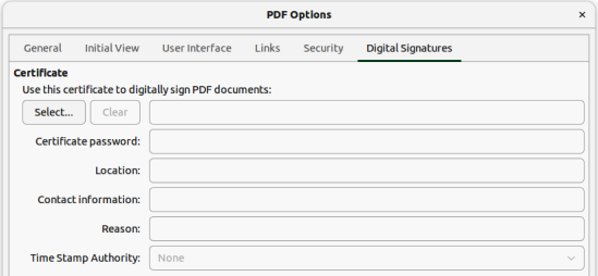Figure 7: PDF Options dialog — Digital Signatures page