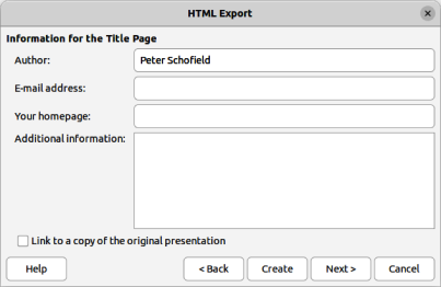 Figure 13: HTML Export dialog — Title page