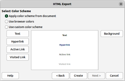 Figure 15: HTML Export dialog — Color Scheme page