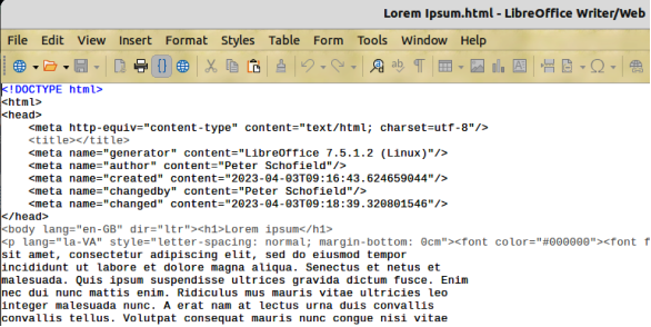 Figure 18: Example of HTML Source view in Writer/Web