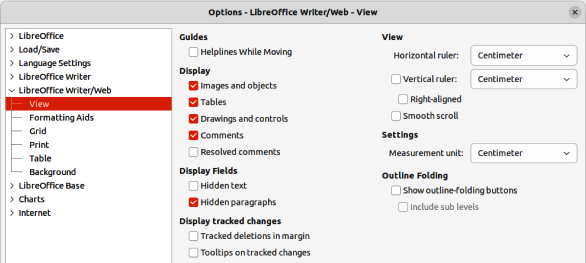 Figure 19: Options LibreOffice Writer/Web dialog