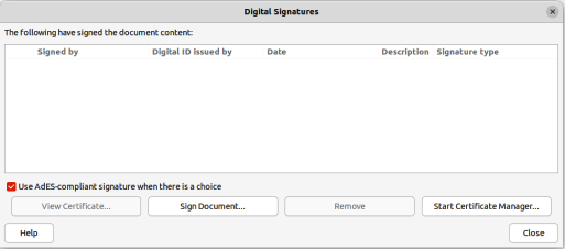 Figure 22: Digital Signatures dialog