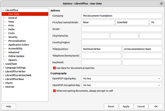 Figure 1: Options LibreOffice dialog — User Data page