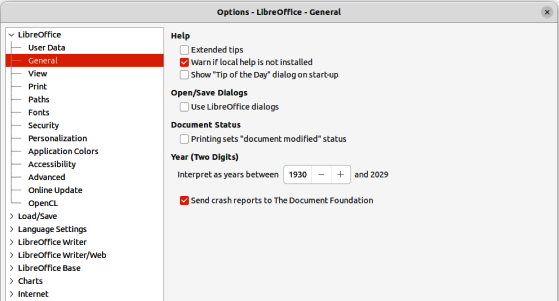 Figure 2: Options LibreOffice dialog — General page