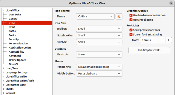Figure 3: Options LibreOffice dialog — View page