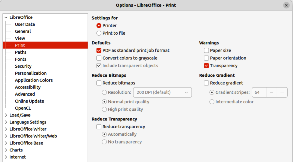Figure 4: Options LibreOffice dialog — Print page
