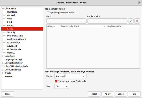 Figure 6: Options LibreOffice dialog — Fonts page