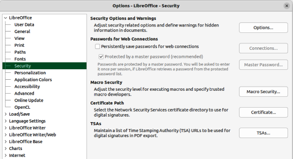 Figure 7: Options LibreOffice dialog — Security page