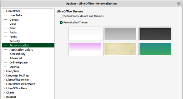 Figure 8: Options LibreOffice dialog — Personalization page