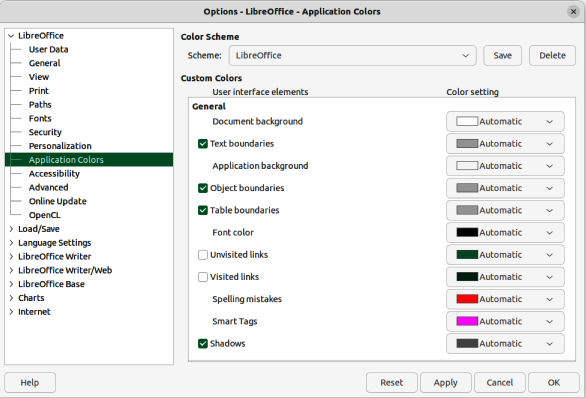 Figure 9: Options LibreOffice dialog — Application Colors page