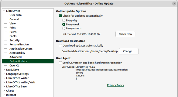 Figure 12: Options LibreOffice dialog — Online Update page