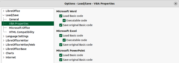 Figure 14: Options Load/Save dialog — VBA Properties page