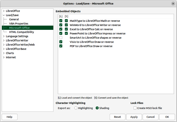 Figure 15: Options Load/Save dialog — Microsoft Office page