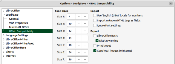 Figure 16: Options Load/Save dialog — HTML Compatibility page