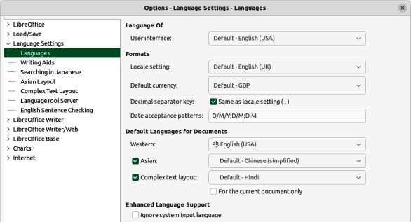 Figure 17: Options Language Settings dialog — Languages page