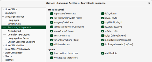 Figure 19: Options Language Settings dialog — Searching in Japanese page