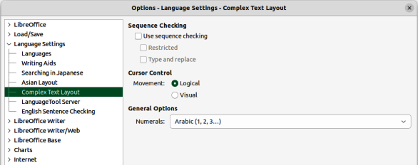 Figure 21: Options Language Settings dialog — Complex Text Layout page
