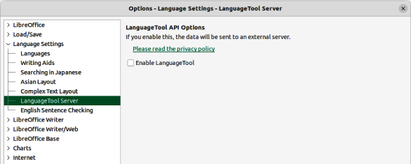 Figure 22: Options Language Settings dialog — Language Tool Server page