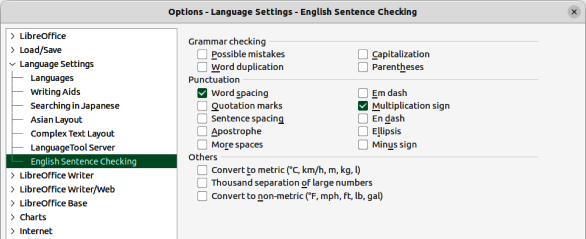 Figure 23: Options Language Settings dialog — English Sentence Checking page