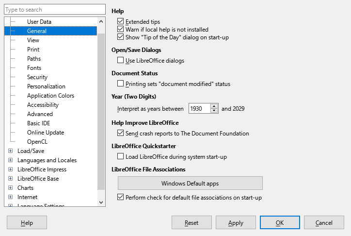 Options LibreOffice dialog — General page