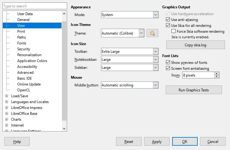 Options LibreOffice dialog — View page