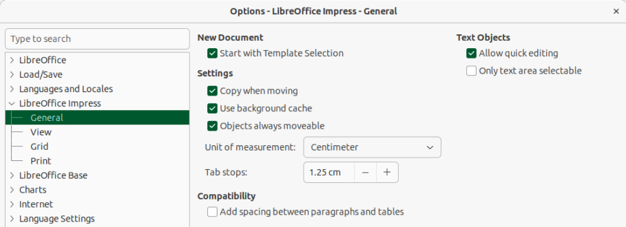 Options LibreOffice Impress dialog — General page