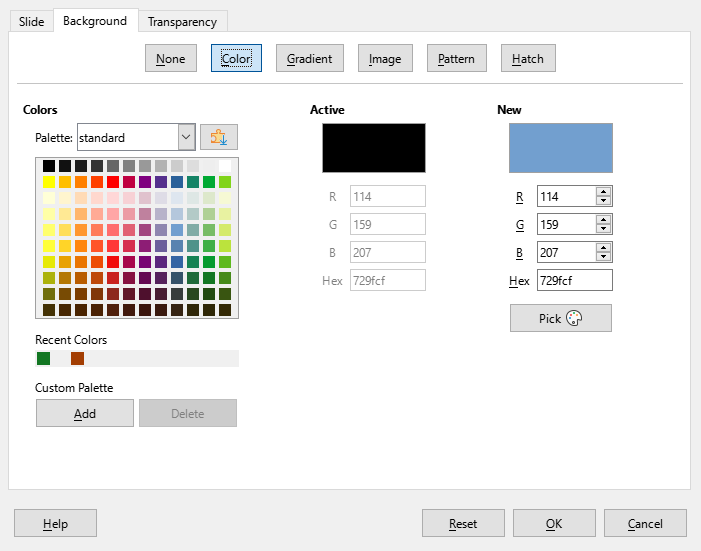 Slide Properties dialog — Background Color page