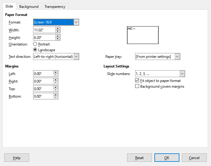 Slide Properties dialog — Slide page