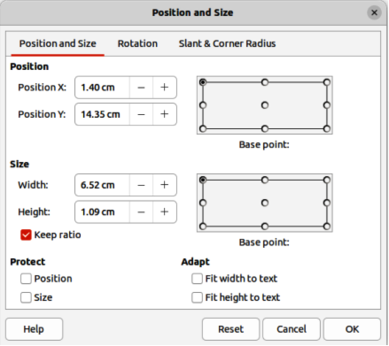 Position and Size dialog