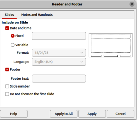 Header and Footer dialog — Slides page