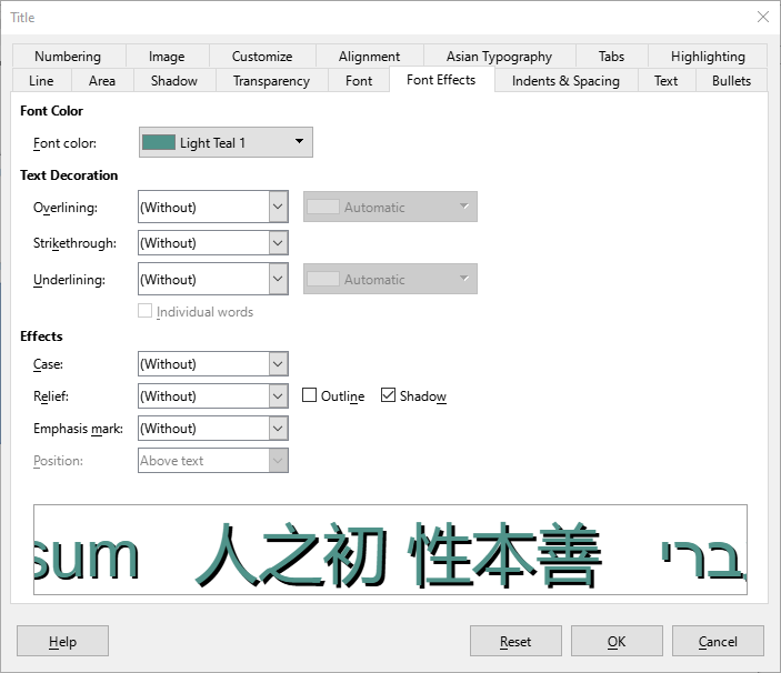 Example dialog for formatting Title style