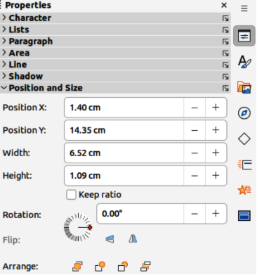 Properties deck on Sidebar — Position and Size panel