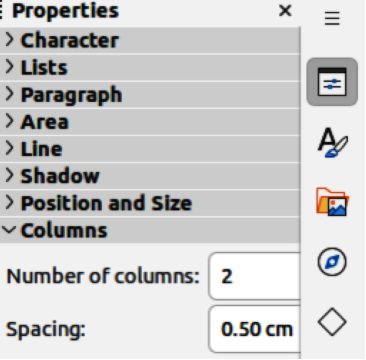 Properties deck on Sidebar — Columns panel