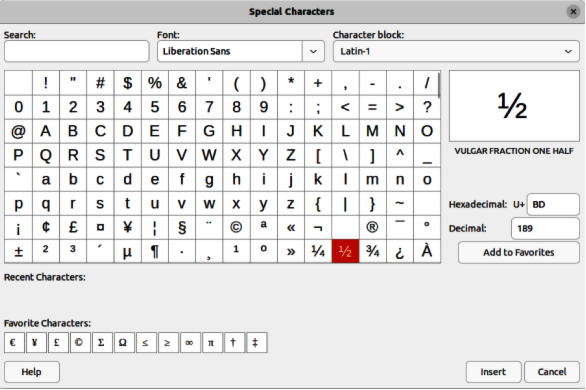 Special Characters dialog