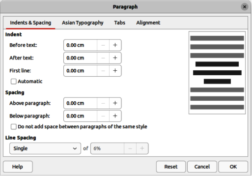 Paragraph dialog — Indents & Spacing page