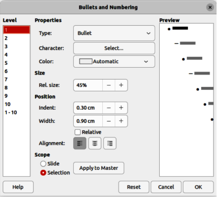 Bullets and Numbering dialog