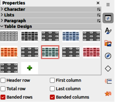 Properties deck on Sidebar — Table Design panel