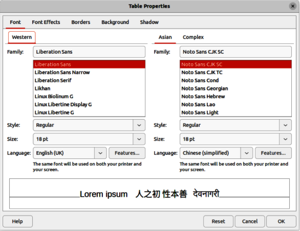 Table Properties dialog — Font page