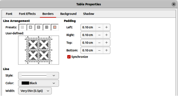 Table Properties dialog — Borders page