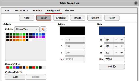 Table Properties dialog — Background page