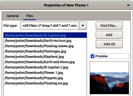 Properties of New Theme dialog — Files page