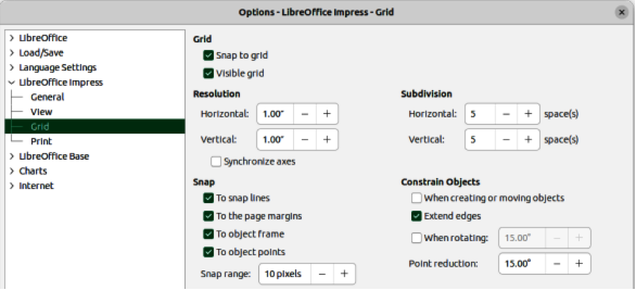 Options LibreOffice Impress dialog — Grid page