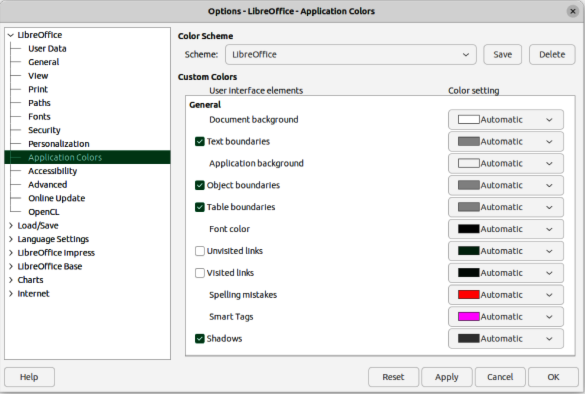 Options LibreOffice dialog — Application Colors page