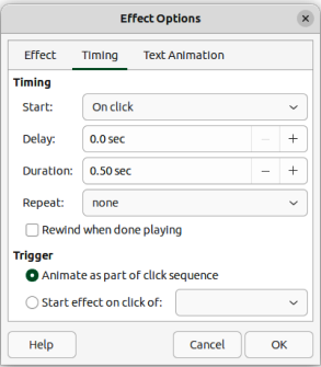 Effect Options dialog — Timing page