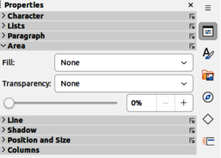 Area panel in Properties deck on Sidebar