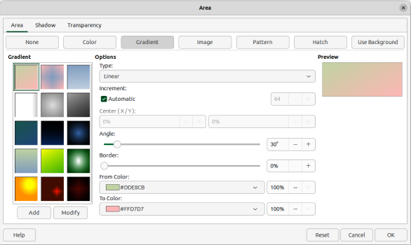 Area dialog — Area Gradient page