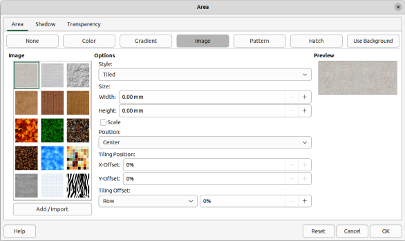 Area dialog — Area Image page