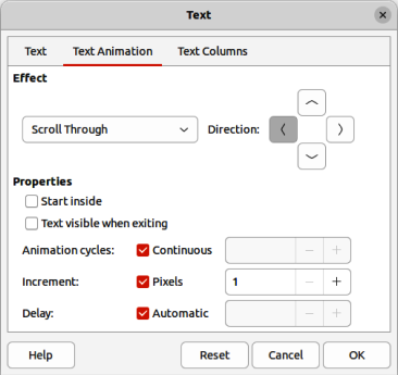 Text dialog — Text Animation page